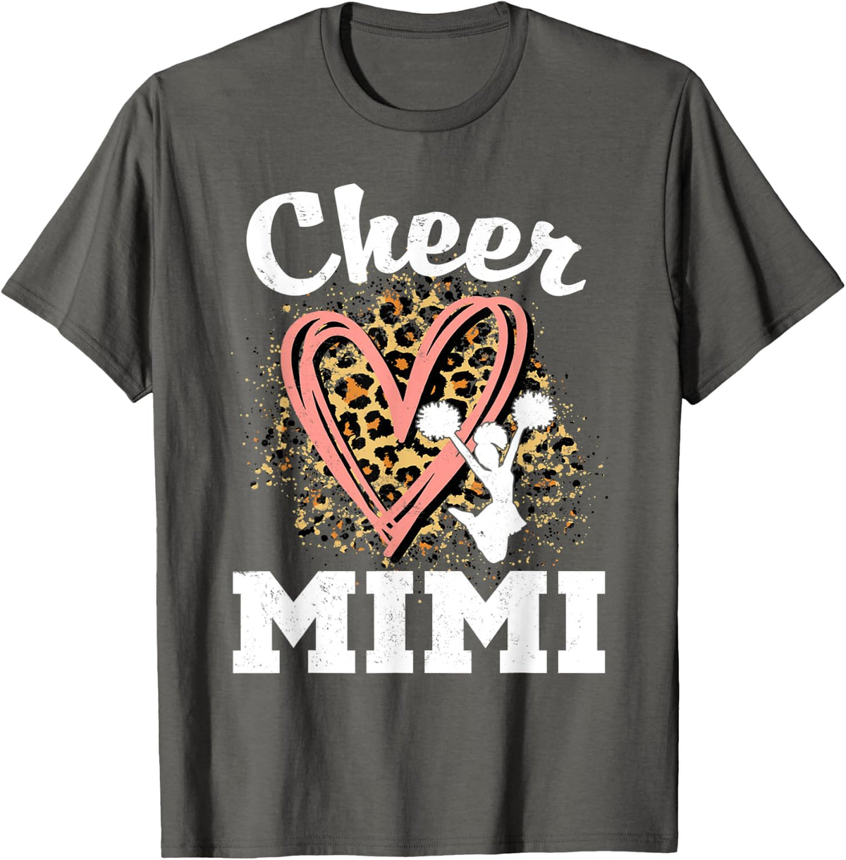 Cheer Mimi Leopard Heart Grandma Cheerleader T-Shirt - Asphalt Grey