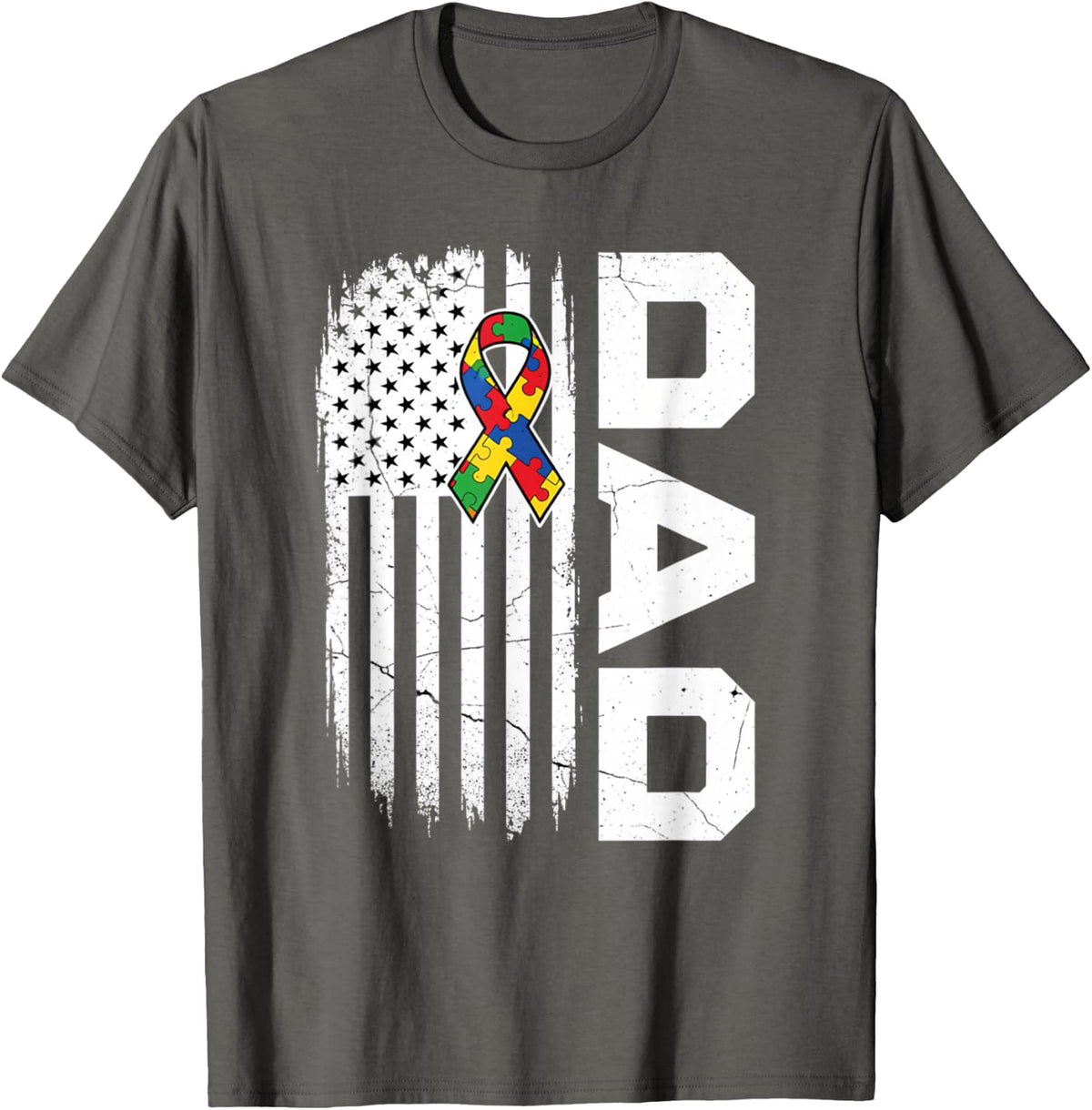 Autism Dad Awareness USA Flag Fathers Day T-Shirt - Asphalt Grey