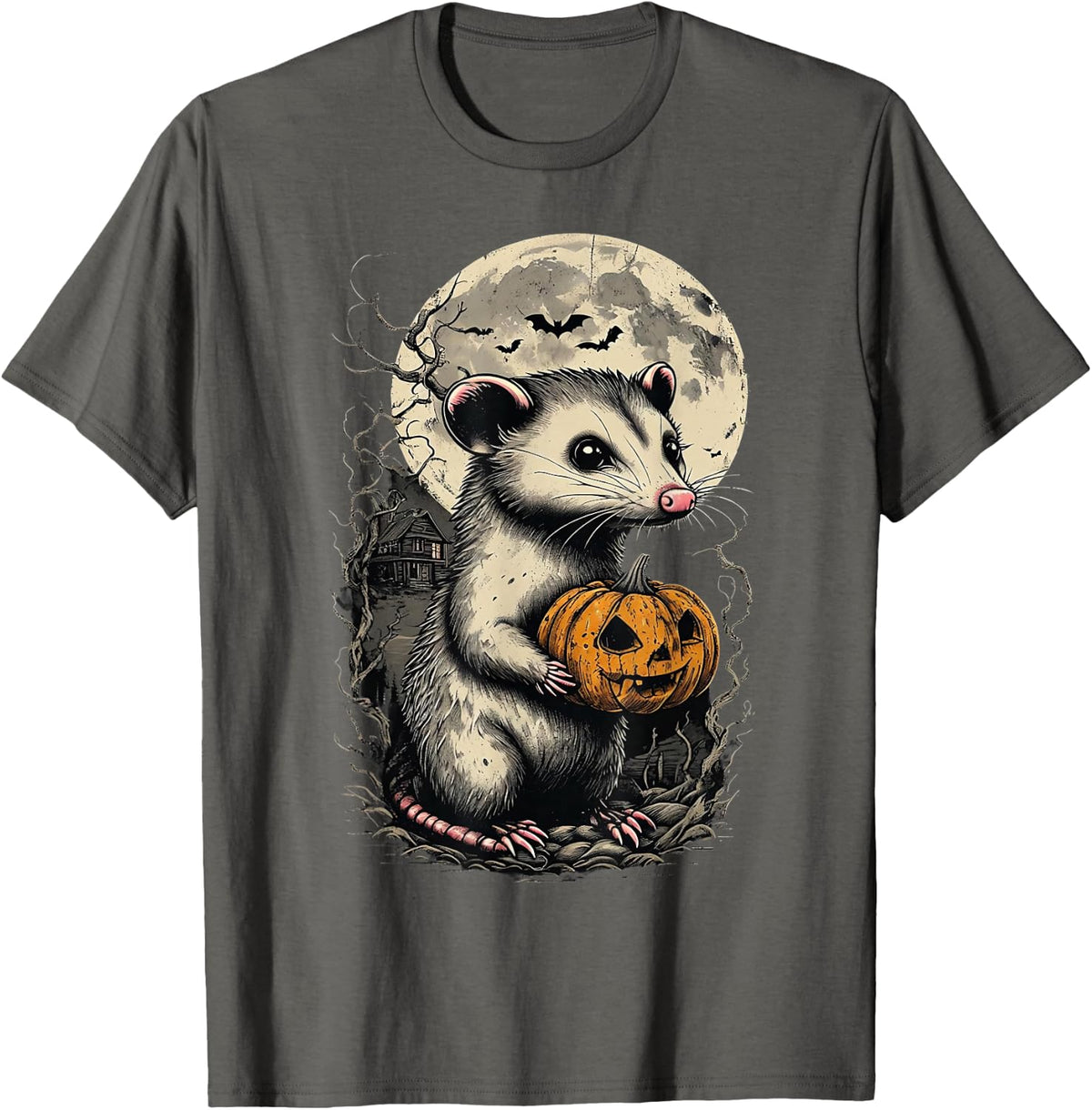 Funny Opossum Pumpkin Spooky Moon Cute Opossum Halloween T-Shirt - Asphalt Grey