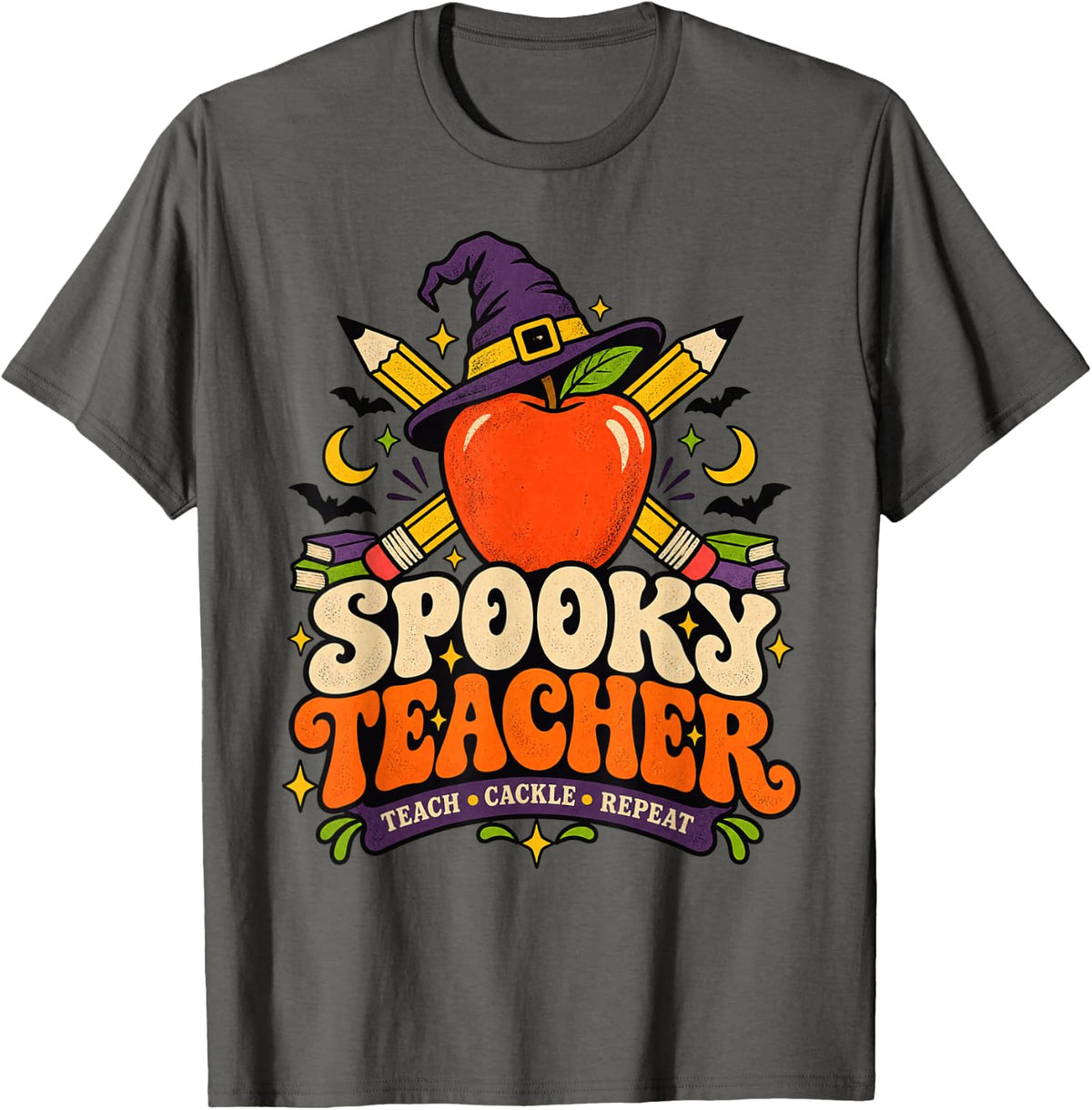 Spooky Teacher Halloween Witch Vibes Teaching Gifts T-Shirt - Asphalt Grey