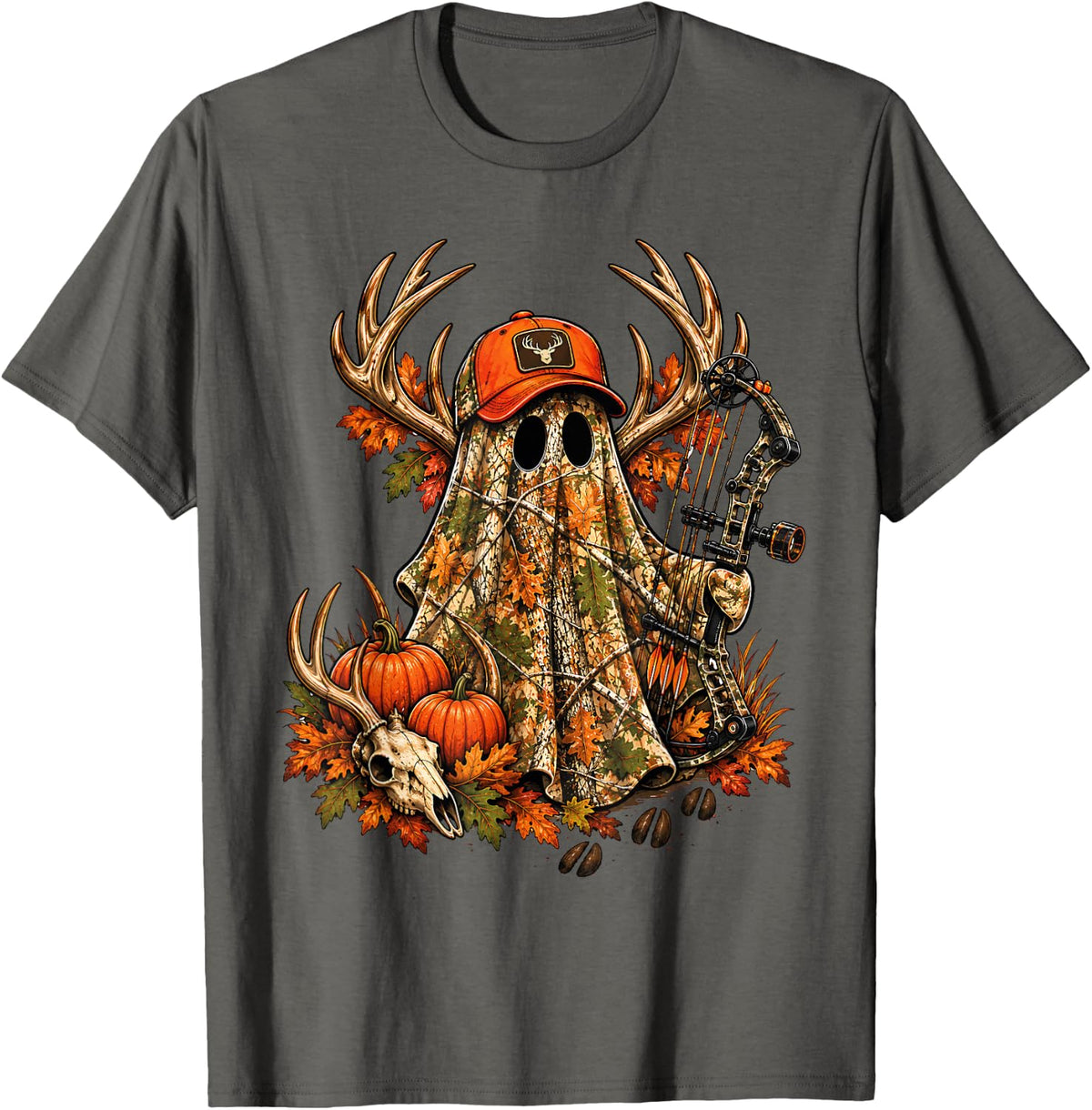 Camo Ghost Bow Hunting Antlers Halloween Spooky Woodland T-Shirt - Asphalt Grey