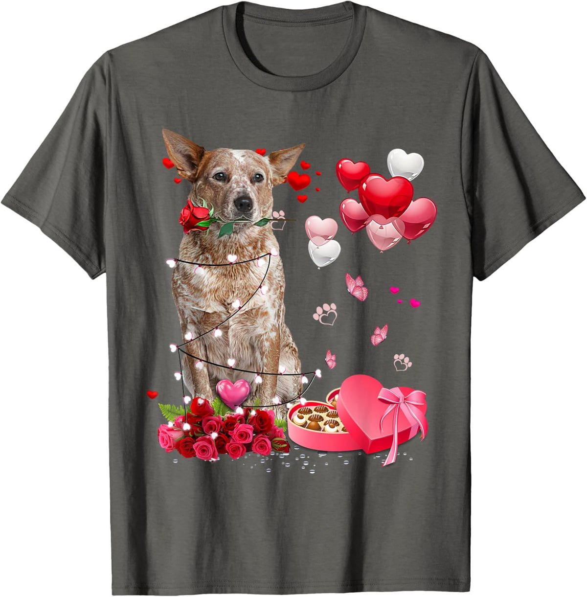 Funny Red Heeler Rose Heart Happy Valentine Day Dog Mom T-Shirt - Asphalt Grey
