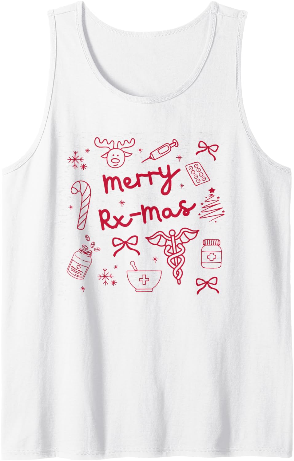 Women Merry Rx-mas Christmas Pharmacy Pharm Tech Holiday Sleeveless Tank Top - White