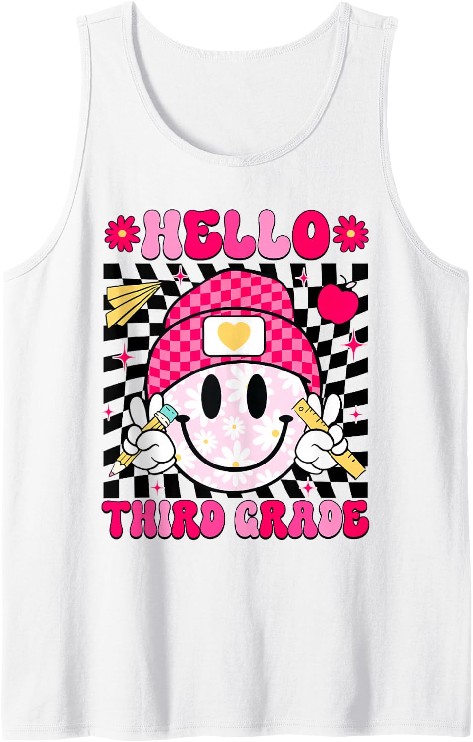 Hello Third Grade Smile Face 3rd Grade Back to School Sleeveless Tank Top - White