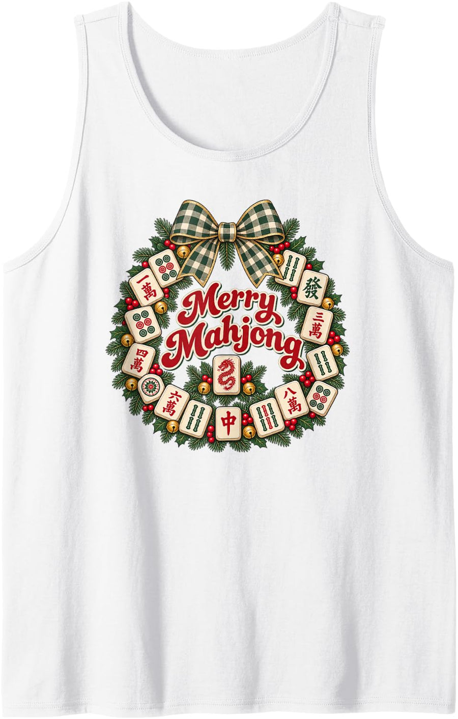 Merry Mahjong Tile Wreath Traditional Board Game Player Sleeveless Tank Top - White