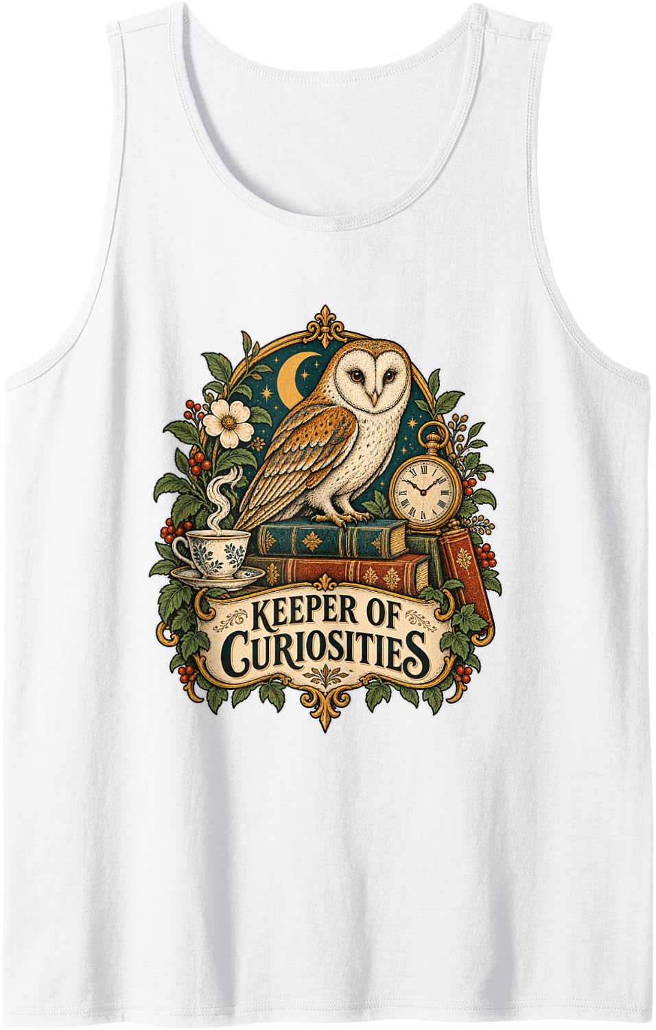 Curiosity Collector Owl Books Vintage Aesthetic Sleeveless Tank Top - White