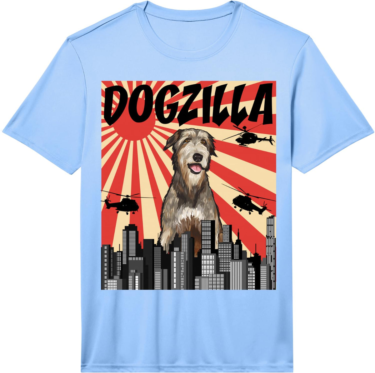 Mens Funny Retro Japanese Dogzilla Irish Wolfhound Performance T-Shirt - Light Blue
