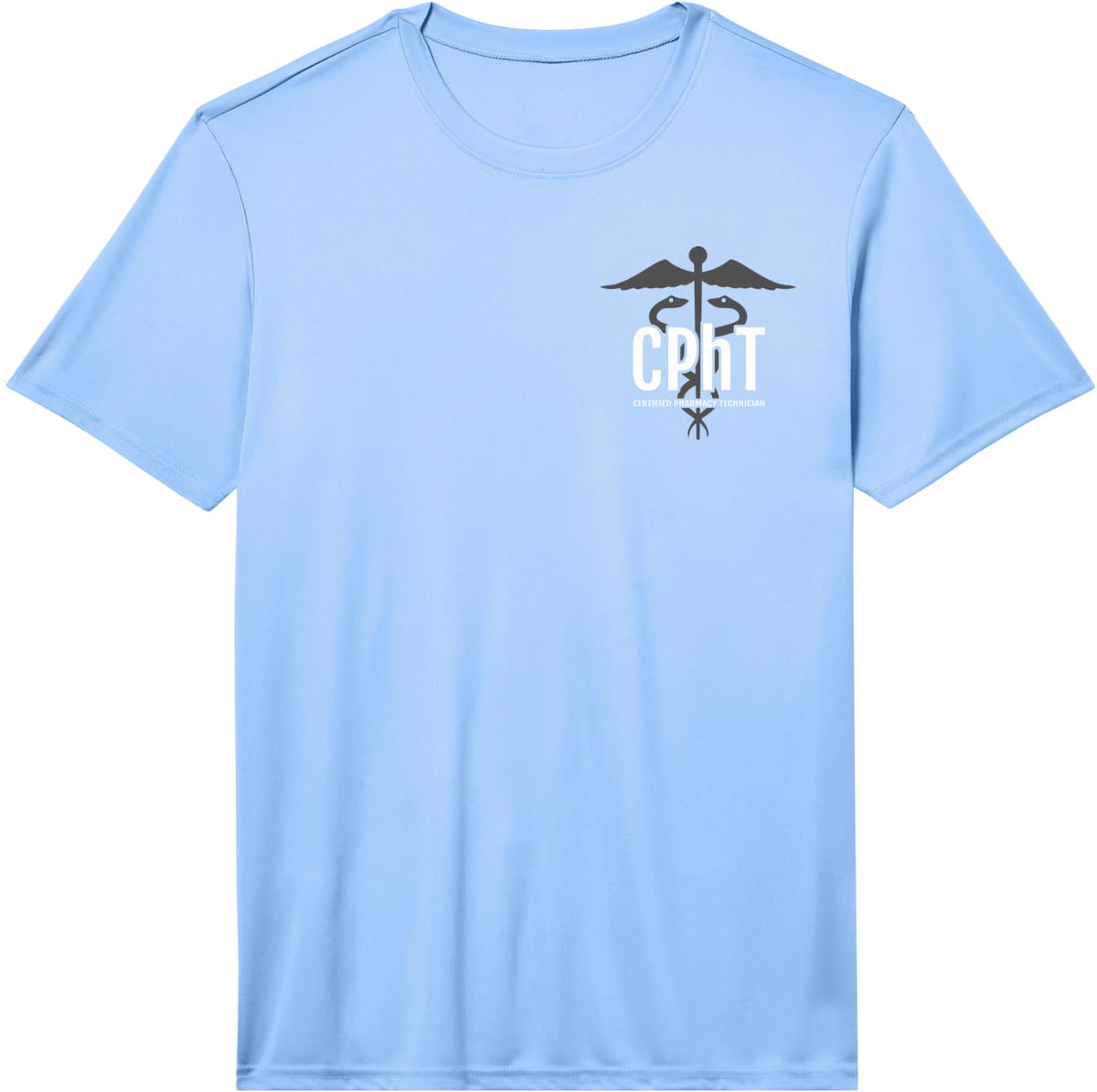 Mens CPhT - Certified Pharmacy Technician Front/Back Professional Performance T-Shirt - Light Blue