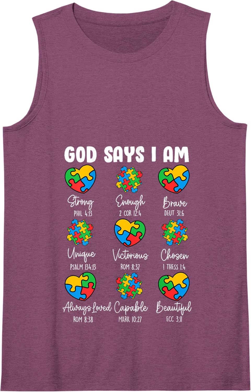 God Says I Am - Autism Awareness Christian Bible Verse Tank Top - Purple