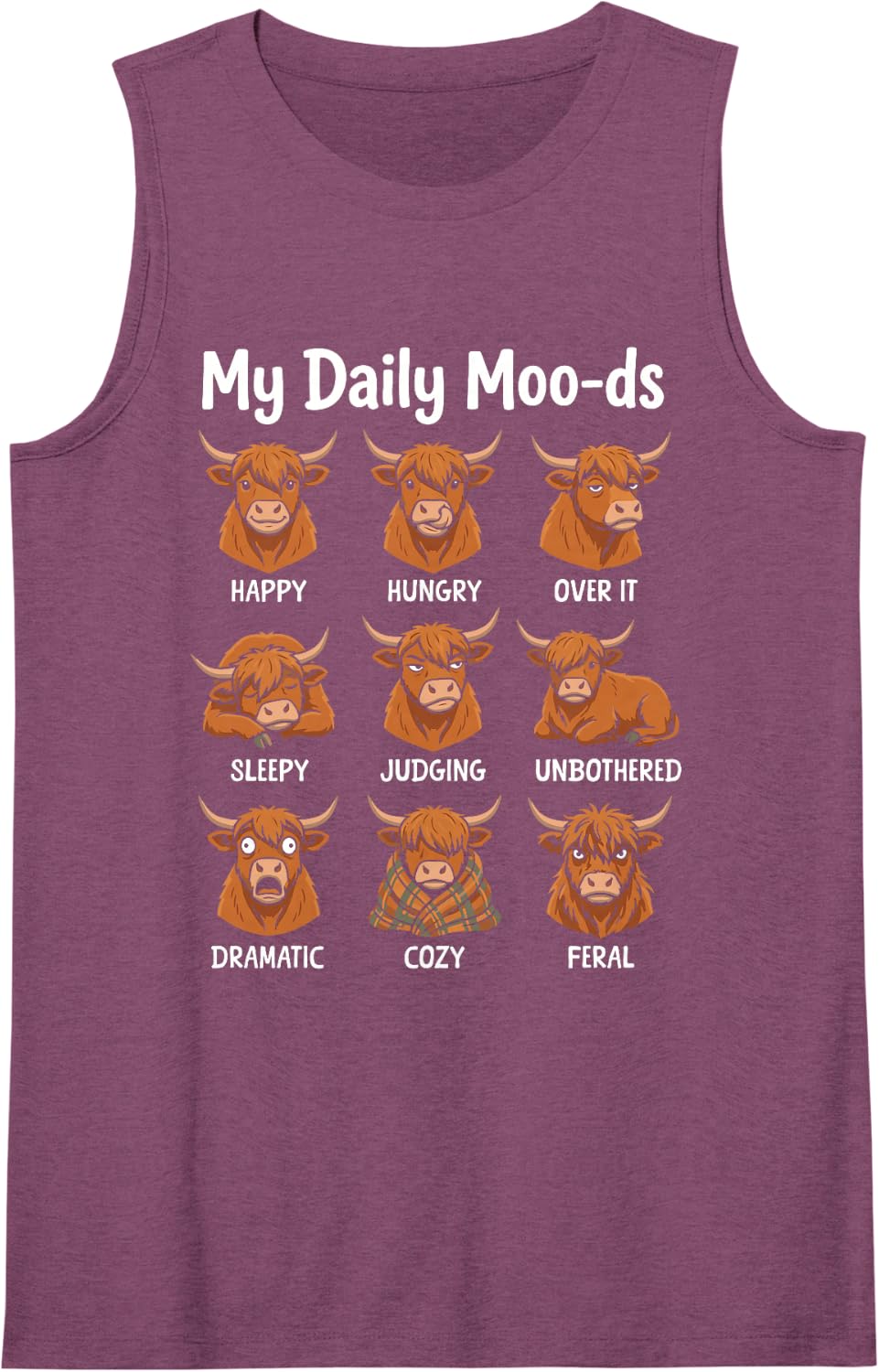 Highland Cow Daily Moods Funny Sleeveless Tank Top - Purple