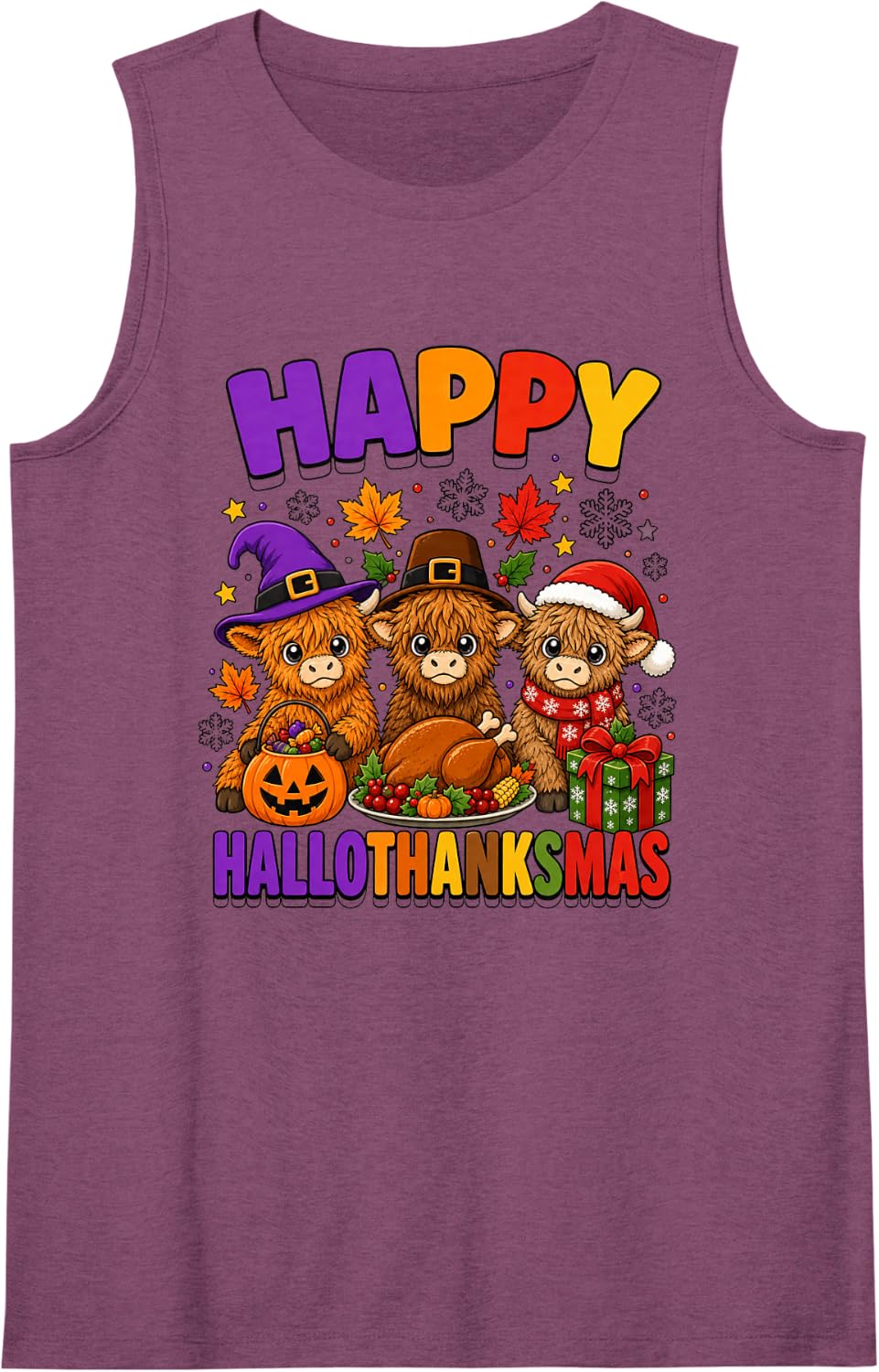 Highland Cow HalloThanksMas Holiday Sleeveless Tank Top - Purple