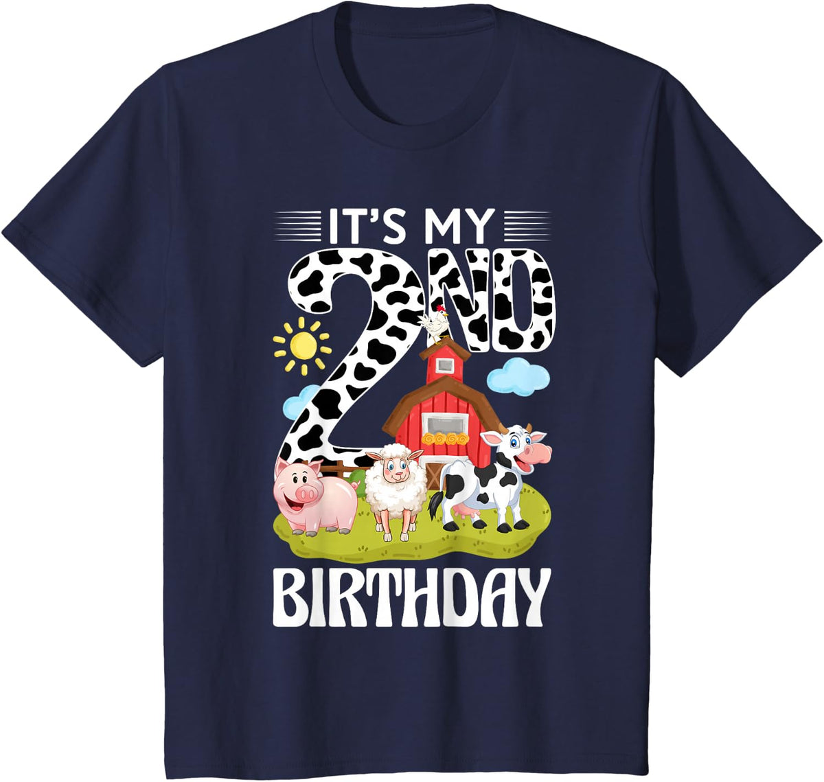 Cute It's My 2nd Birthday 2 Years Old Farm Theme 2nd B-day T-Shirt - Navy Blue