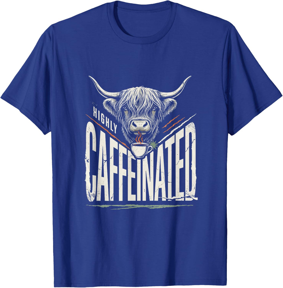 Highly Caffeinated Funny Highland Cow Coffee Western Gift T-Shirt - Royal Blue