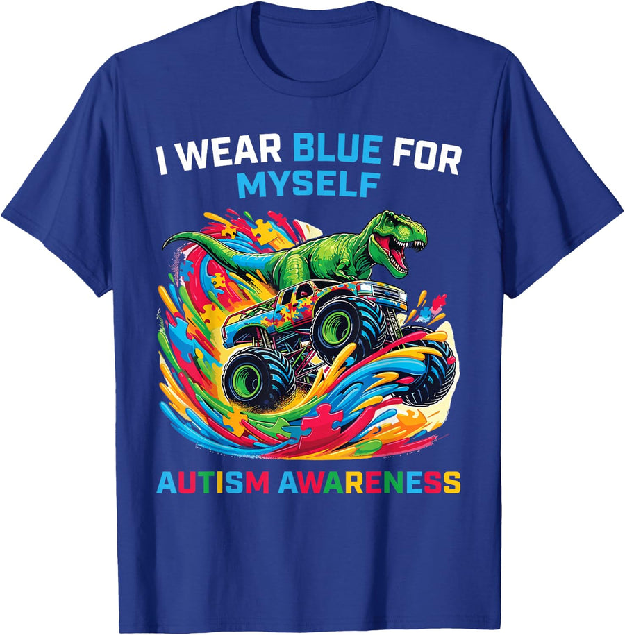 I Wear Blue For Myself T Rex Dinosaur Autism Awareness T-Shirt - Royal Blue