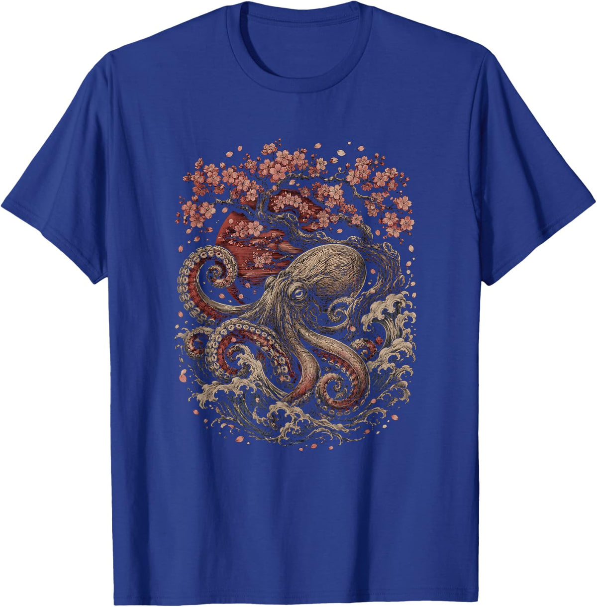 Octopus and Cherry Blossom Tree Japanese Art Design T-Shirt - Royal Blue