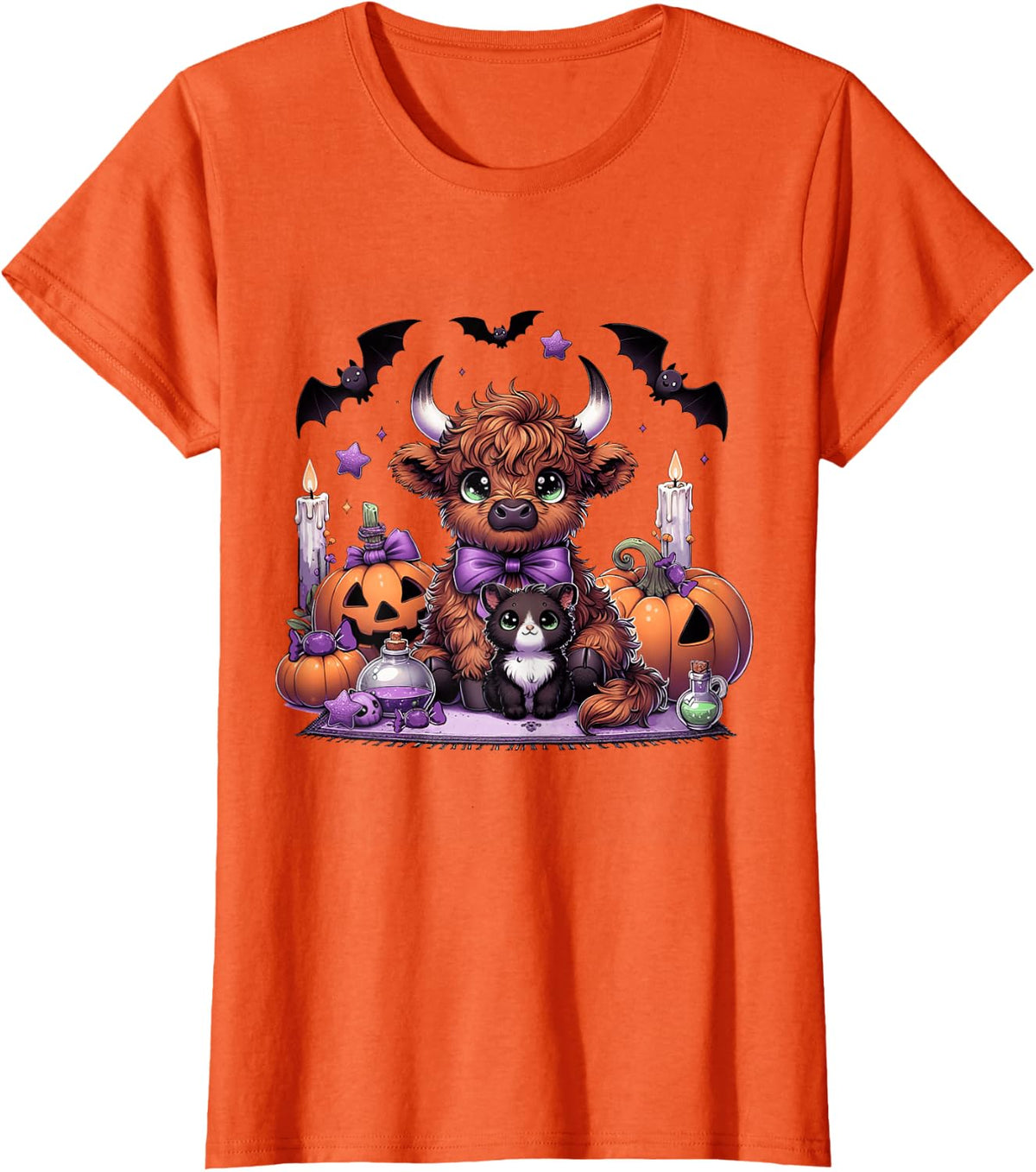 Halloween Highland Cow and Cat Spooky Season Fall Pumpkin T-Shirt - Orange