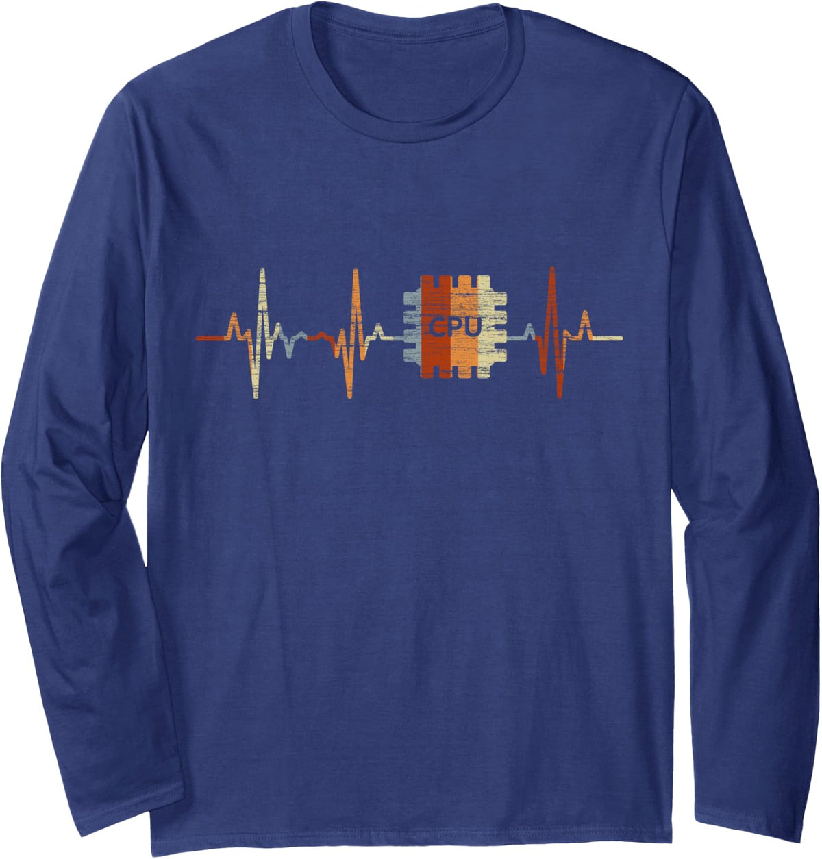 Computer Scientist Heartbeat Vintage ECG Cardiogram Retro Long Sleeve T-Shirt - Adult Unisex Navy Blue