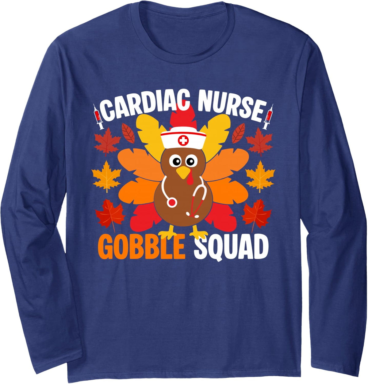 Cardiac Nurse Gobble Squad Funny Fall Turkey Thanksgiving Long Sleeve T-Shirt - Adult Unisex Navy Blue