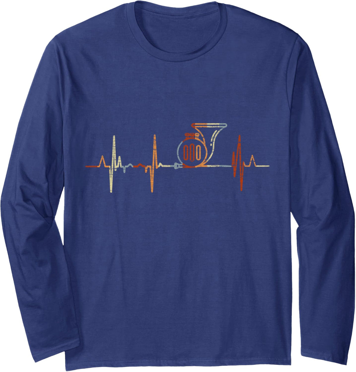 French Horn Heartbeat Vintage ECG Cardiogram Retro Long Sleeve T-Shirt - Adult Unisex Navy Blue