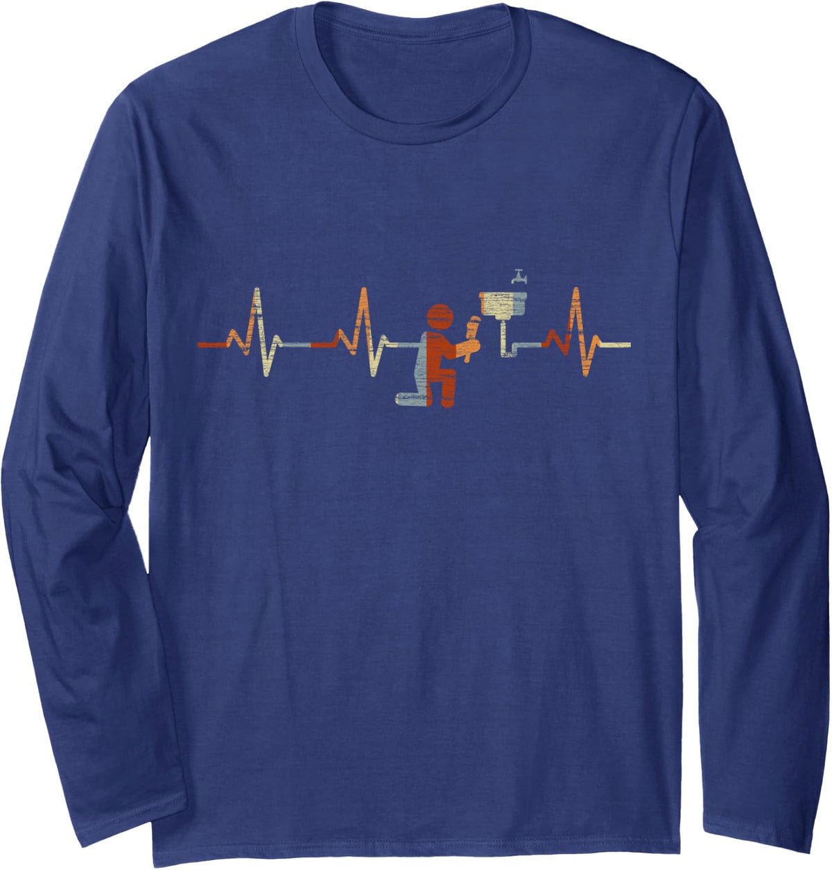 Plumber Heartbeat Vintage ECG Cardiogram Retro Long Sleeve T-Shirt - Adult Unisex Navy Blue