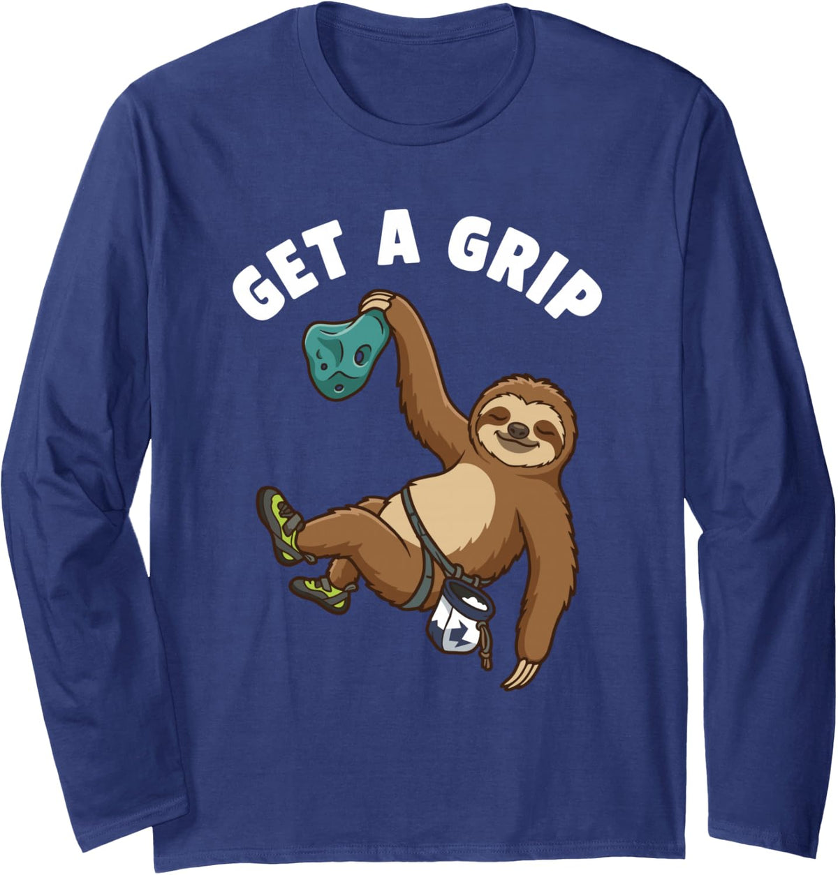 Funny Get A Grip Rock Climber Bouldering Sloth Long Sleeve T-Shirt - Adult Unisex Navy Blue
