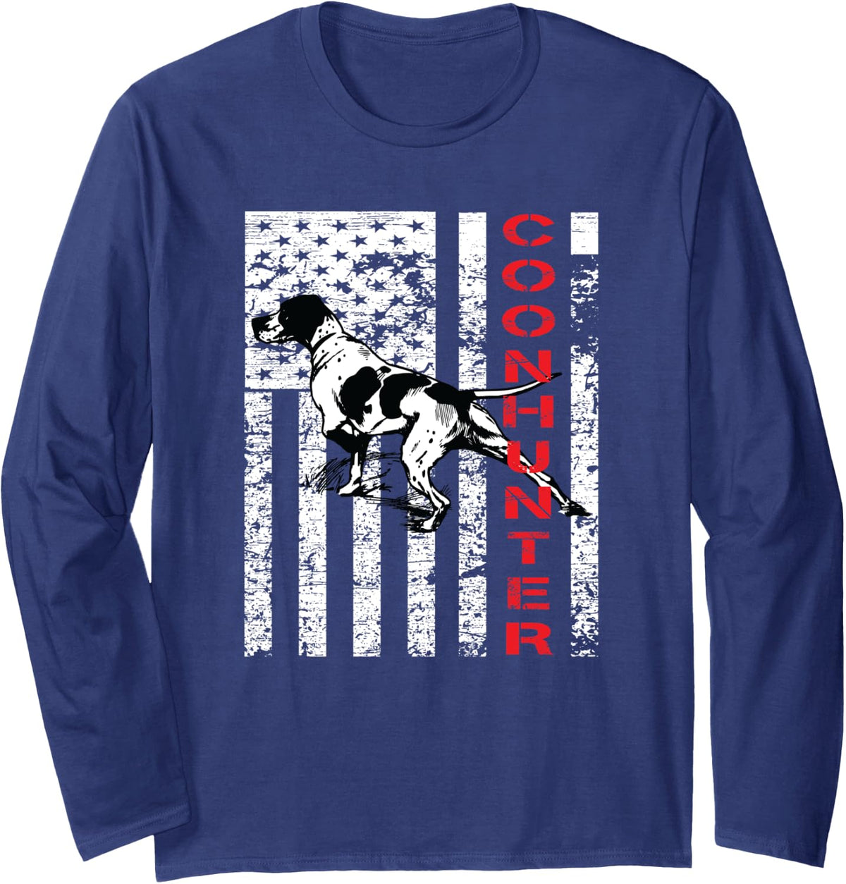 Distressed Long Sleeve Coonhound Shirt with an American Flag - Adult Unisex Navy Blue