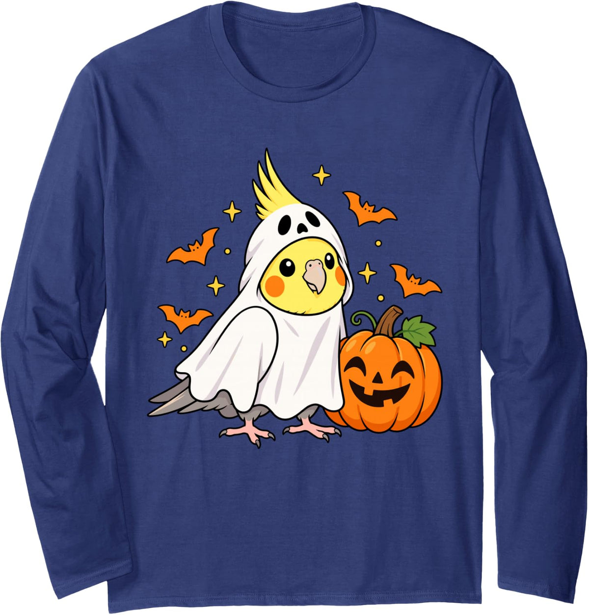 Cockatiel Ghost Costume Spooky Pumpkin Halloween Parrot Love Long Sleeve T-Shirt - Adult Unisex Navy Blue