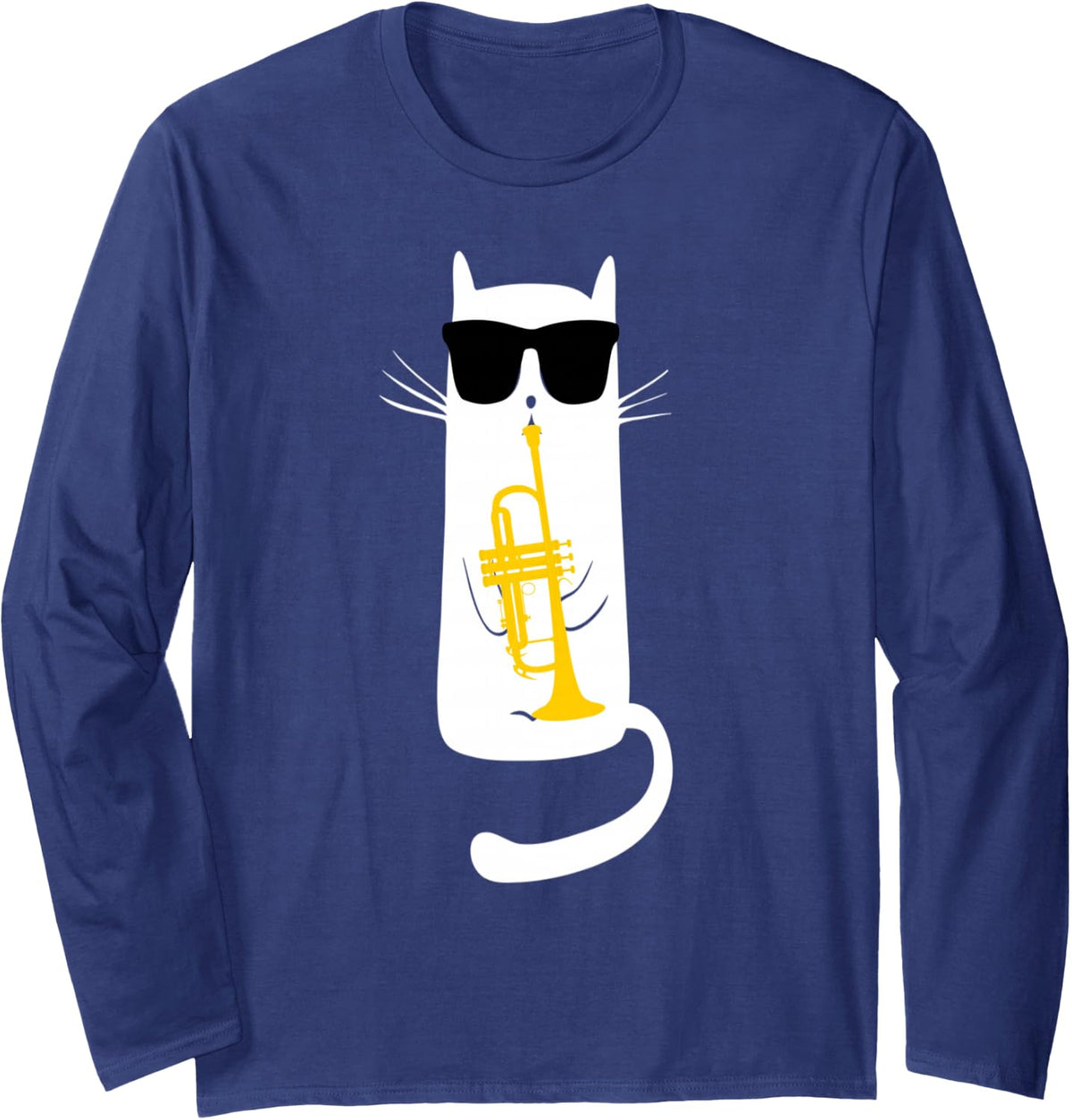Funny Cat Wearing Sunglasses Playing Trumpet Long Sleeve T-Shirt - Adult Unisex Navy Blue