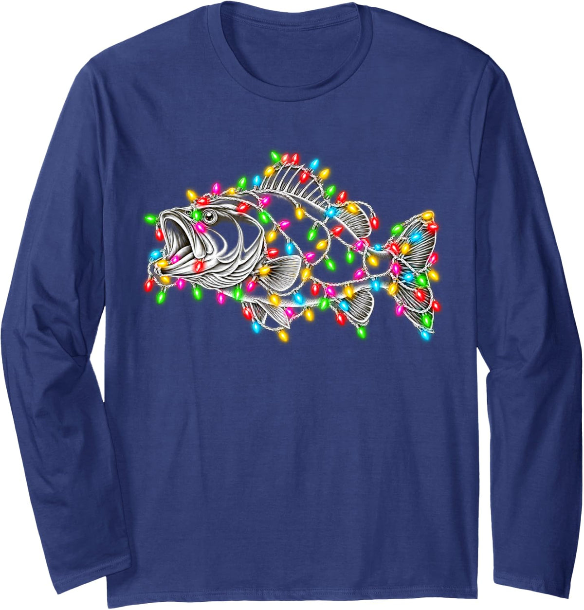 Christmas Largemouth Bass String Lights Fishing Hunter Xmas Long Sleeve T-Shirt - Adult Unisex Navy Blue
