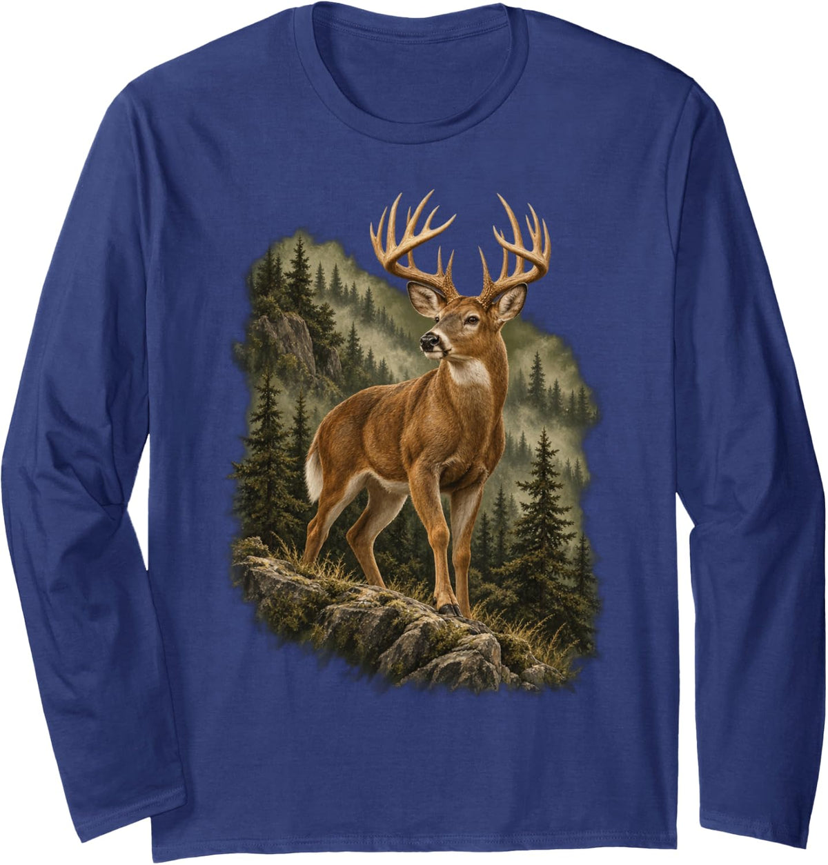 White-Tailed Buck Deer in Forest Wildlife Art Long Sleeve T-Shirt - Adult Unisex Navy Blue