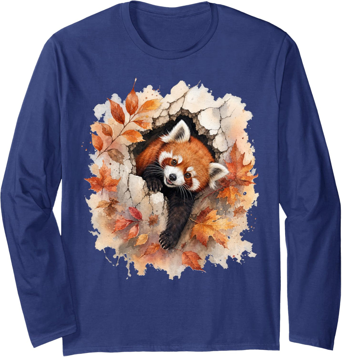 Curious Red Panda Peeking Through Cracked Wall Long Sleeve T-Shirt - Adult Unisex Navy Blue
