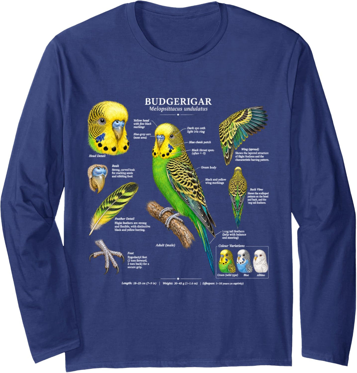 Vintage Budgerigar Scientific Illustration Bird Lover Budgie Long Sleeve T-Shirt - Adult Unisex Navy Blue