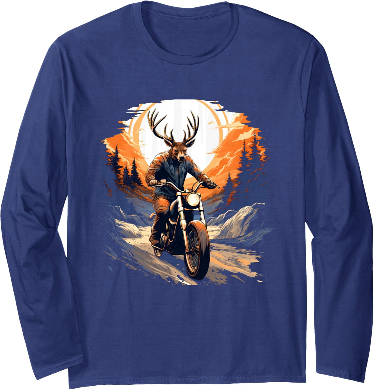 Biker Deer Riding Motorbike Long Sleeve T-Shirt - Adult Unisex Navy Blue
