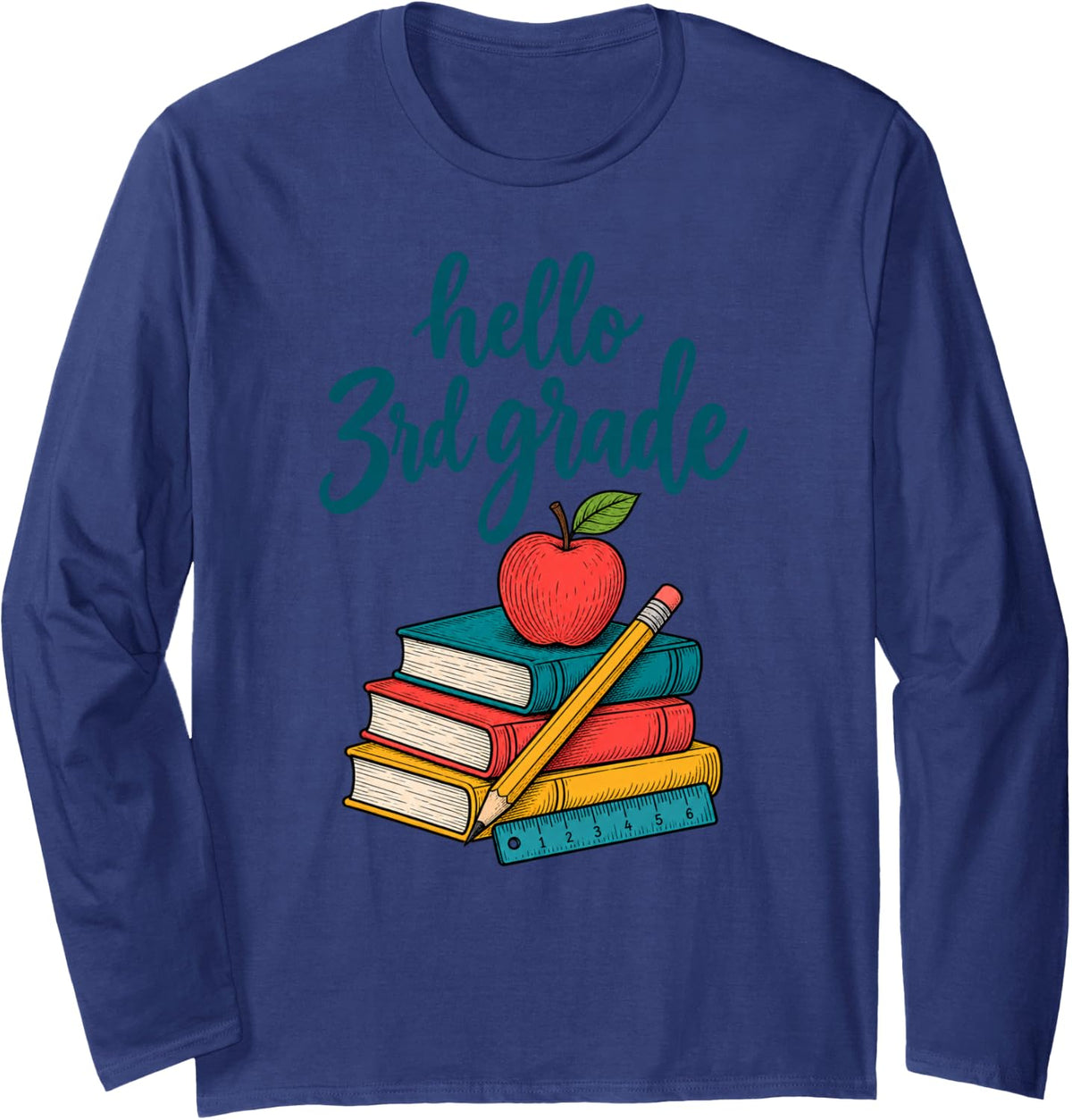 Hello 3RD Grade Teacher Apple Books Pencil Long Sleeve T-Shirt - Adult Unisex Navy Blue