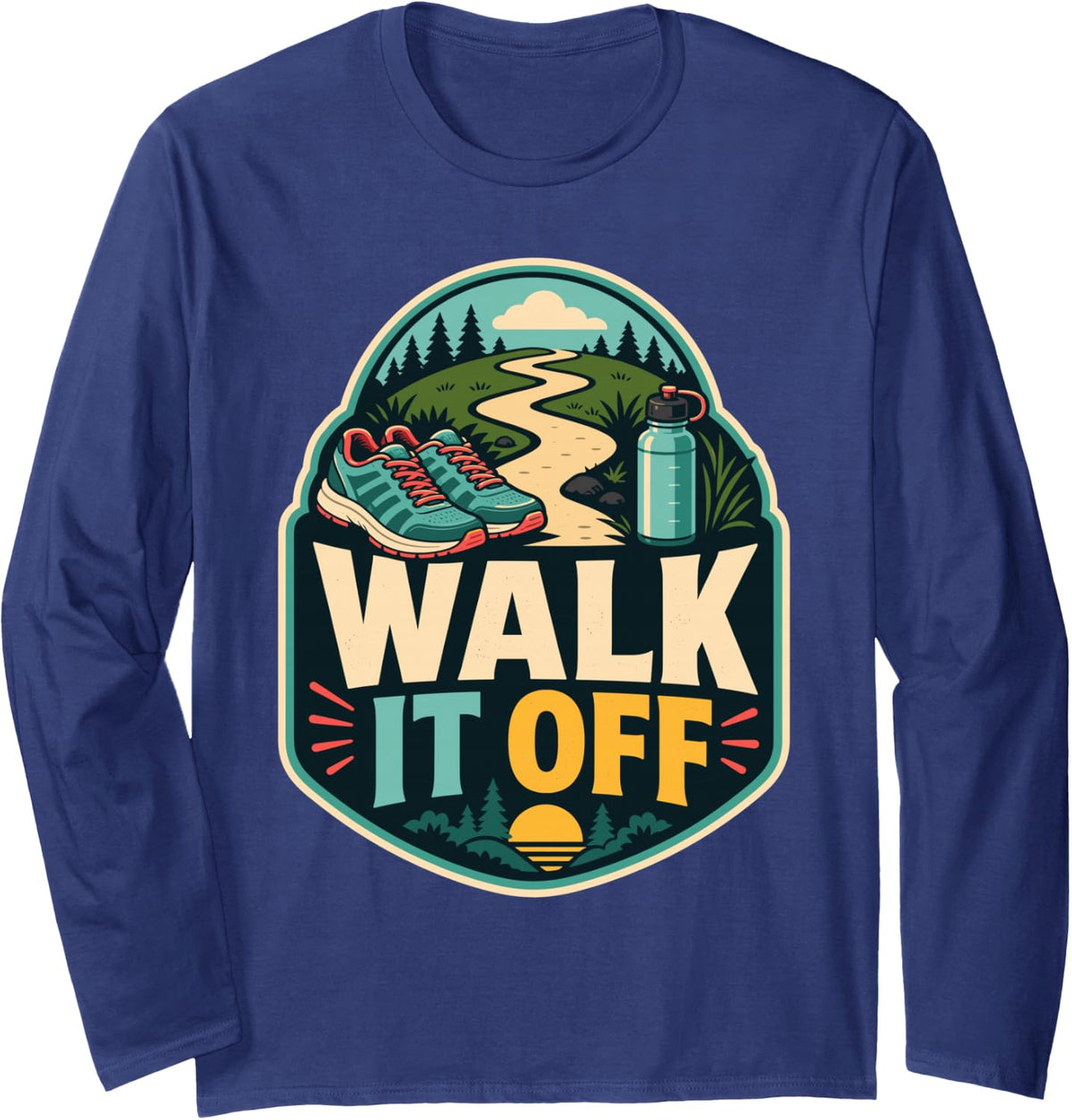 Walk It Off Trail Hiking Retro Long Sleeve T-Shirt - Adult Unisex Navy Blue
