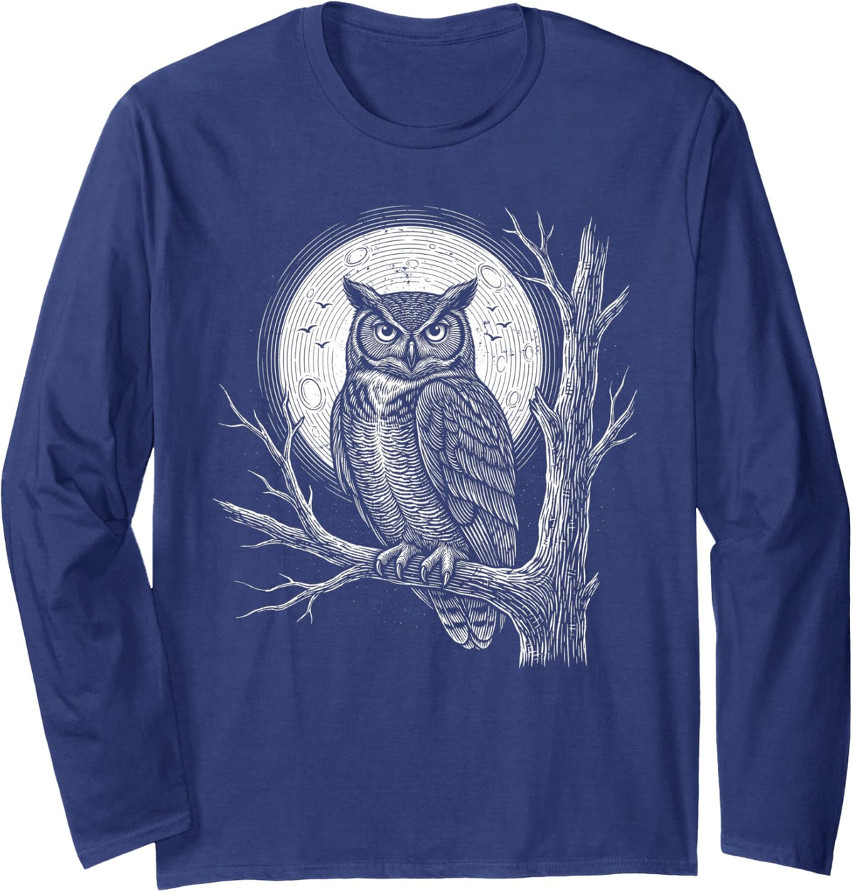 Owl Tree Moon Great Horned Night Perched Branch Wall Design Long Sleeve T-Shirt - Adult Unisex Navy Blue