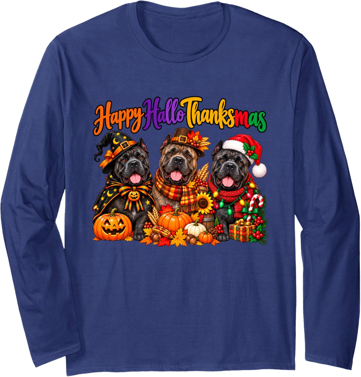 Cane Corso Happy Hallothanksmas Halloween Thanksgiving Xmas Long Sleeve T-Shirt - Adult Unisex Navy Blue