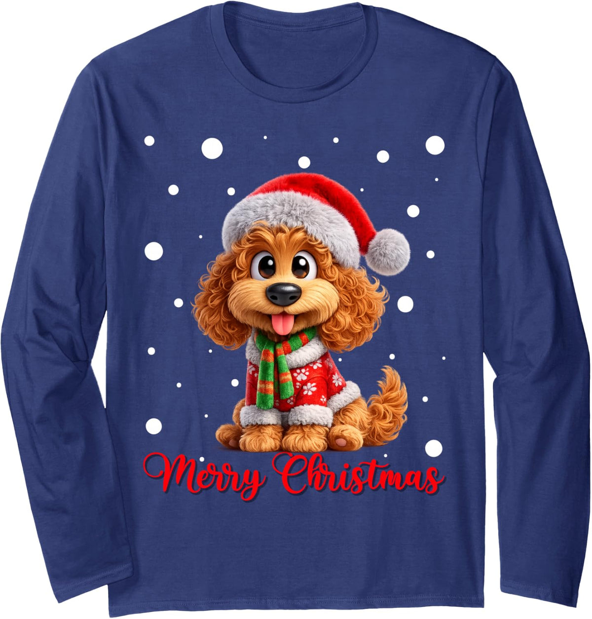 Merry Christmas Cute Cockapoo Dog Ugly Xmas Sweaters Long Sleeve T-Shirt - Adult Unisex Navy Blue