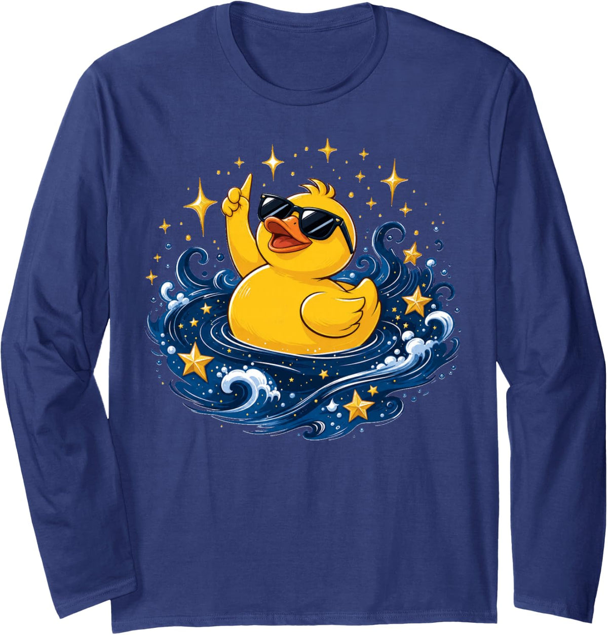 Cool Yellow Duck with Sunglasses Long Sleeve T-Shirt - Adult Unisex Navy Blue