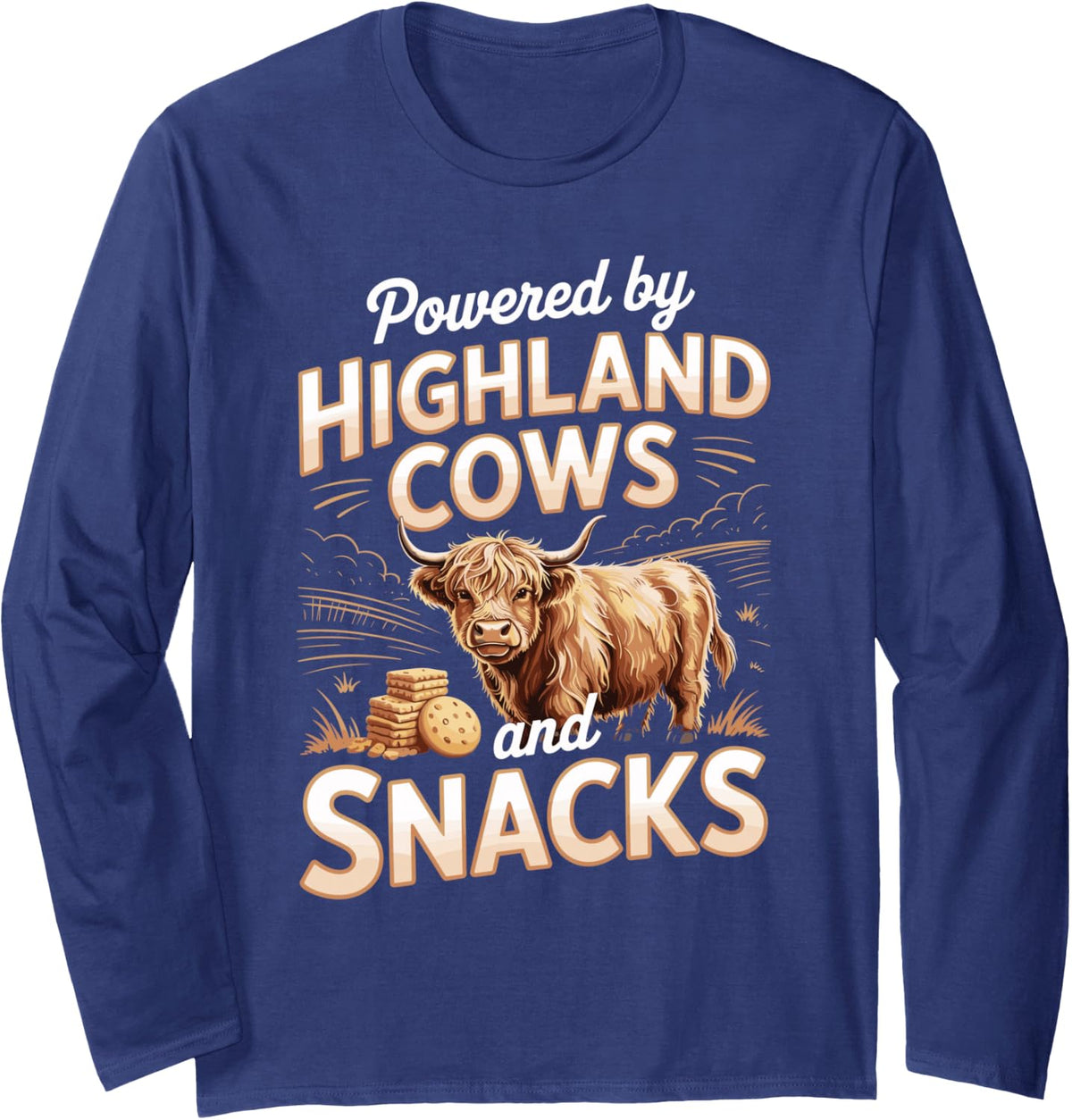 Powered By Highland Cows and Snacks Long Sleeve T-Shirt - Adult Unisex Navy Blue