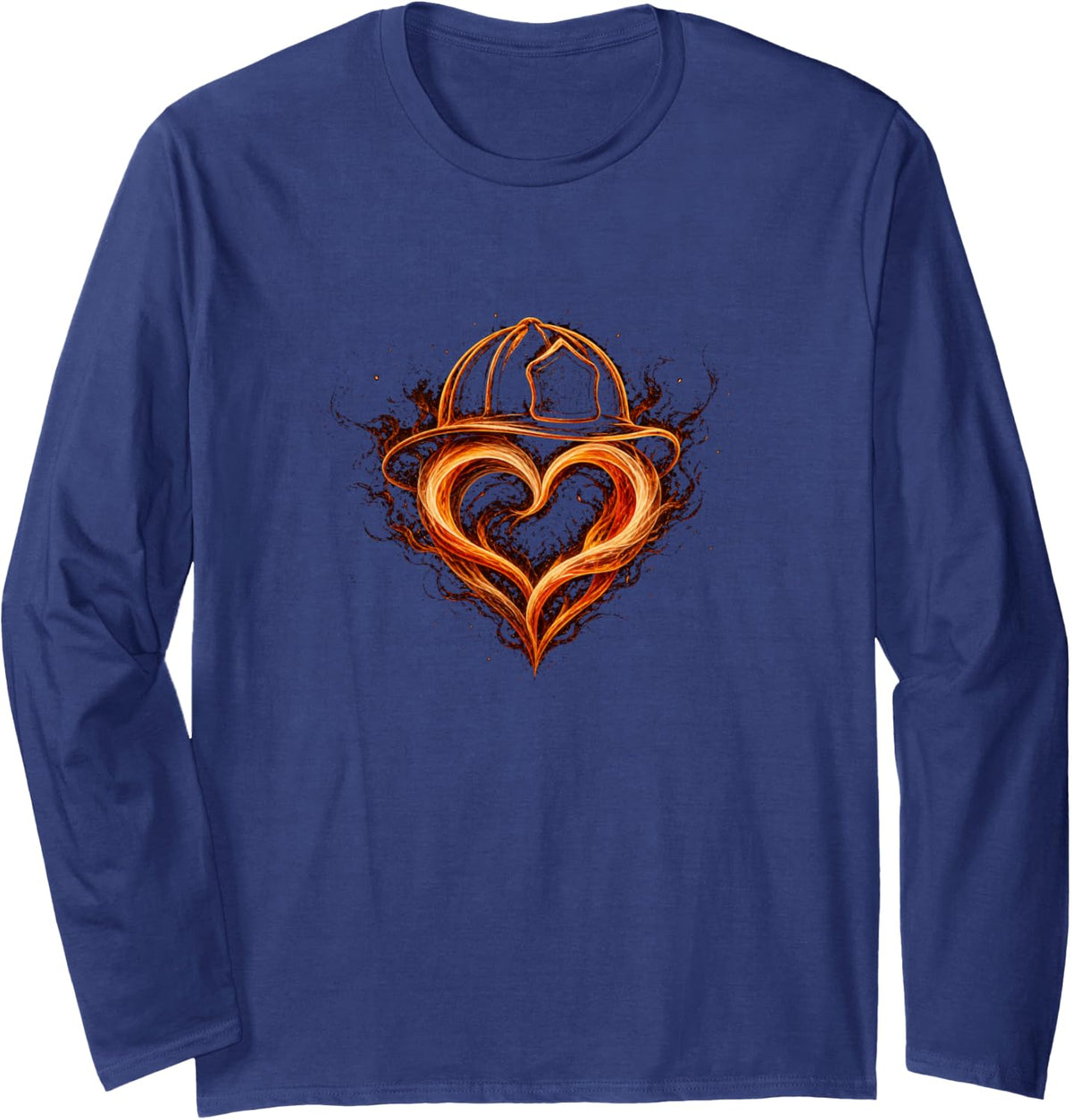 Firefighter Ember Heart Helmet Long Sleeve T-Shirt - Adult Unisex Navy Blue