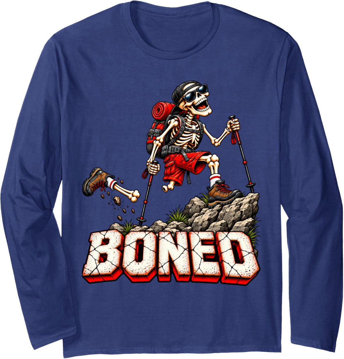 Hiking Hiker Trekking Backpacking Retro Cool Injured Injury Long Sleeve T-Shirt - Adult Unisex Navy Blue