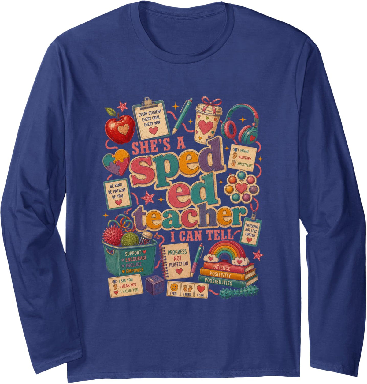 Sped Ed Teacher She's A Teacher I Can Tell Retro Long Sleeve T-Shirt - Adult Unisex Navy Blue
