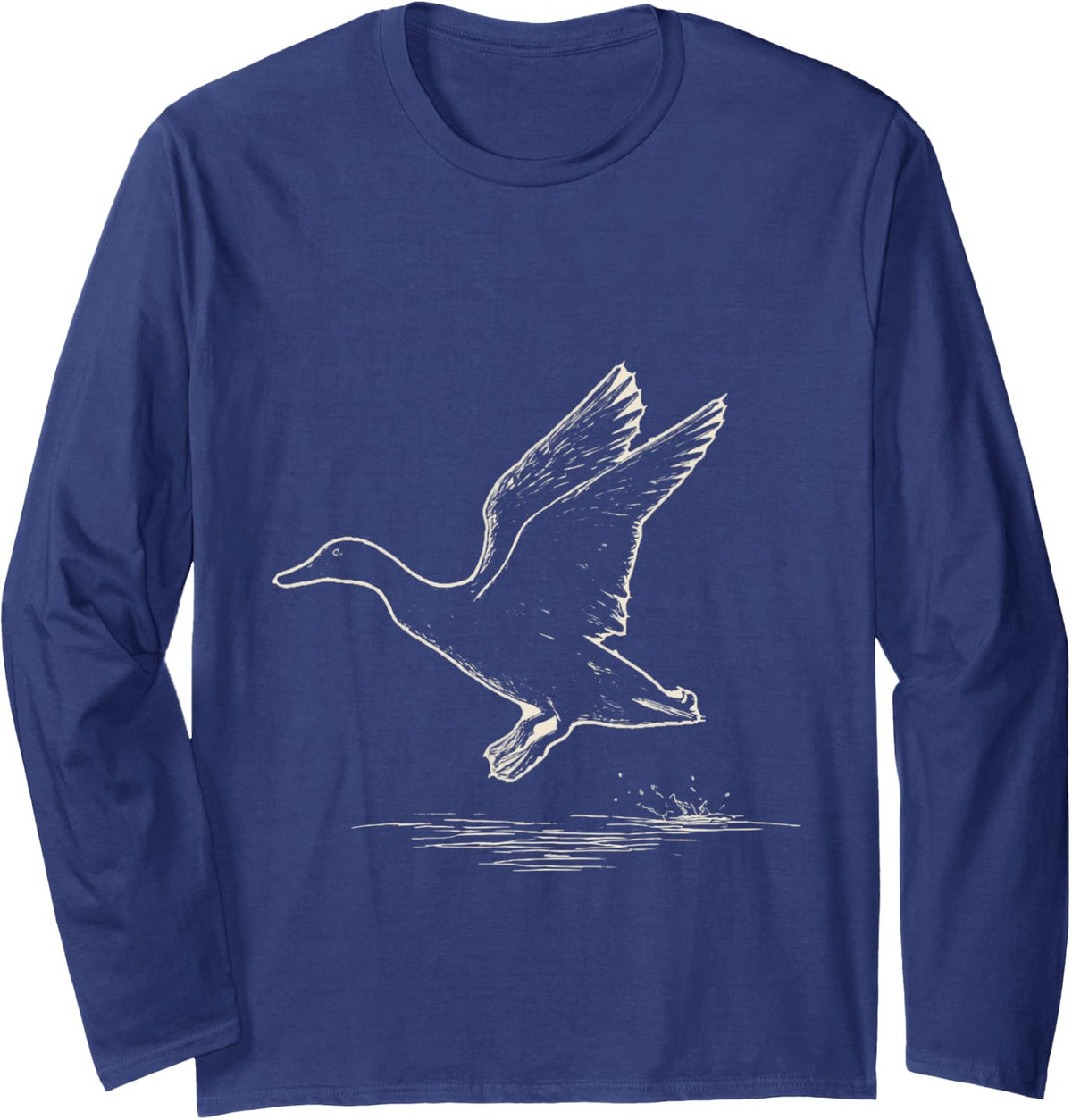 Vintage Mallard Drake Landing Ink Etching Duck Hunter Long Sleeve T-Shirt - Adult Unisex Navy Blue