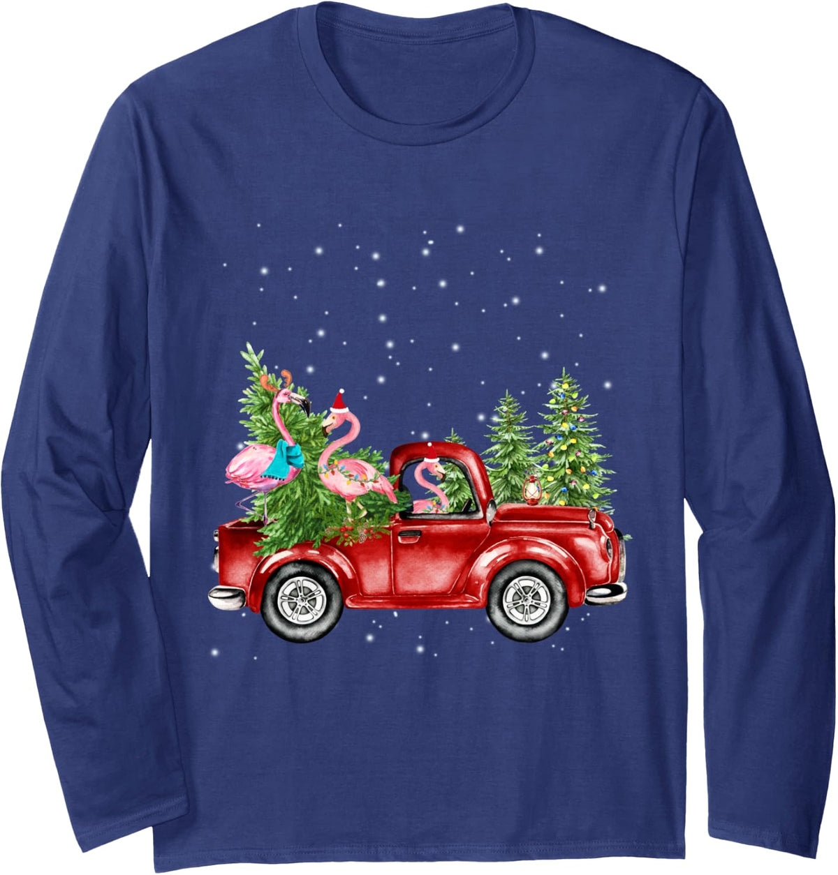 Christmas Three Flamingo Ride Red Truck Xmas Santa Hat Long Sleeve T-Shirt - Adult Unisex Navy Blue