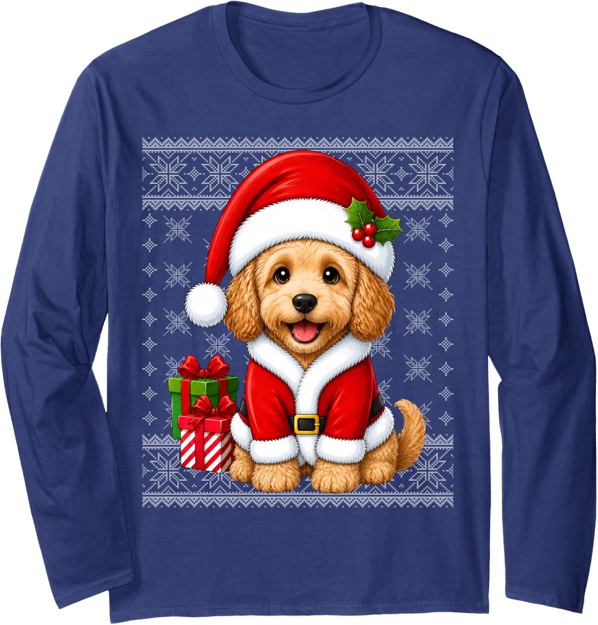 Cockapoo Dog in Christmas Santa Costume Ugly Sweaters Xmas Long Sleeve T-Shirt - Adult Unisex Navy Blue