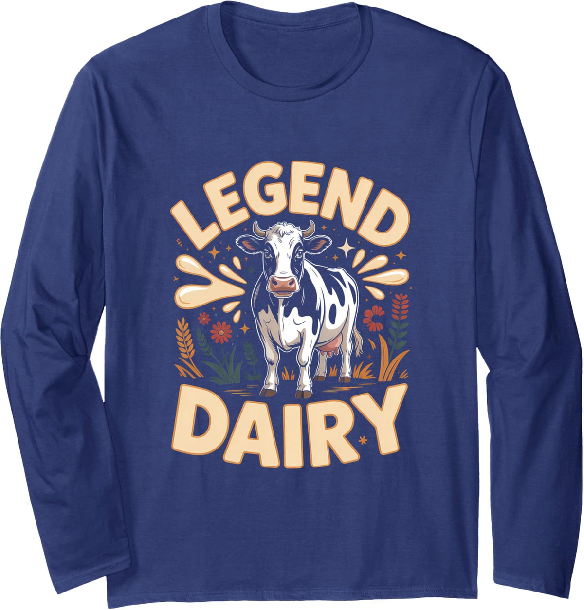 Legend Dairy Cute Cow Farm Animal Hearts Long Sleeve T-Shirt - Adult Unisex Navy Blue
