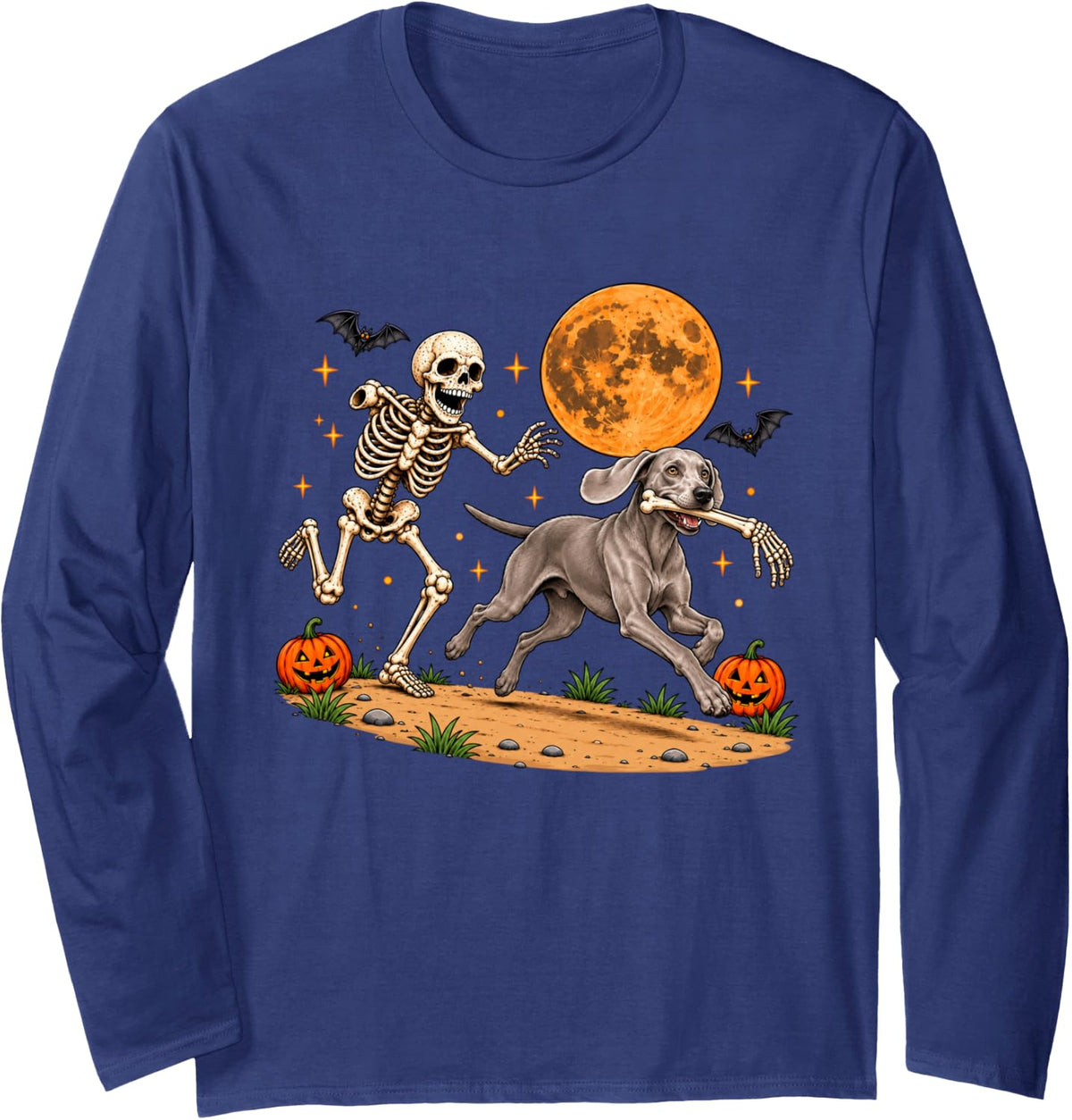 Funny Skeleton Chasing Weimaraner Halloween Dog Mom Pet Long Sleeve T-Shirt - Adult Unisex Navy Blue