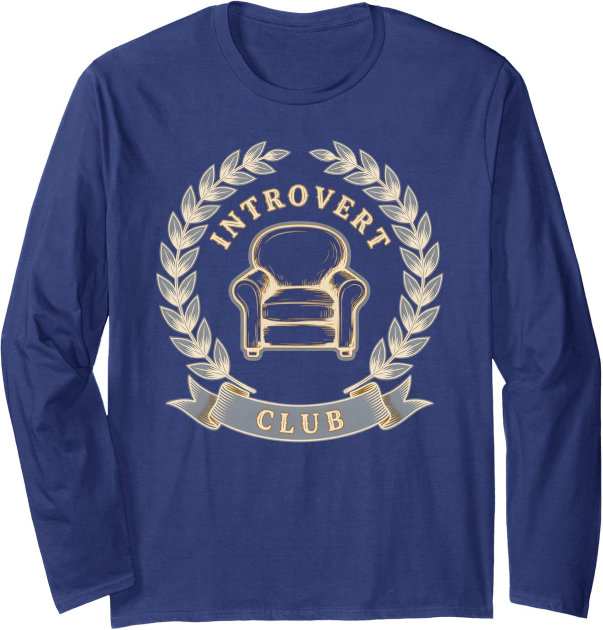 Introvert Club Funny Homebody Sarcastic Antisocial Crest Long Sleeve T-Shirt - Adult Unisex Navy Blue