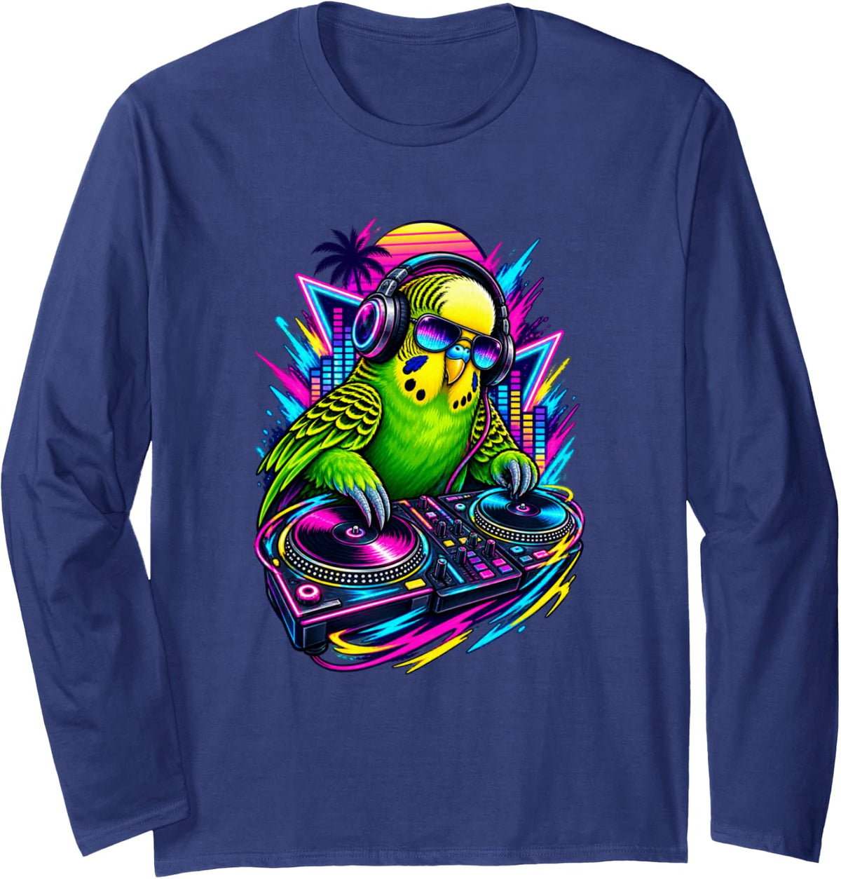 DJ Budgie with Headphones and Turntables Long Sleeve T-Shirt - Adult Unisex Navy Blue